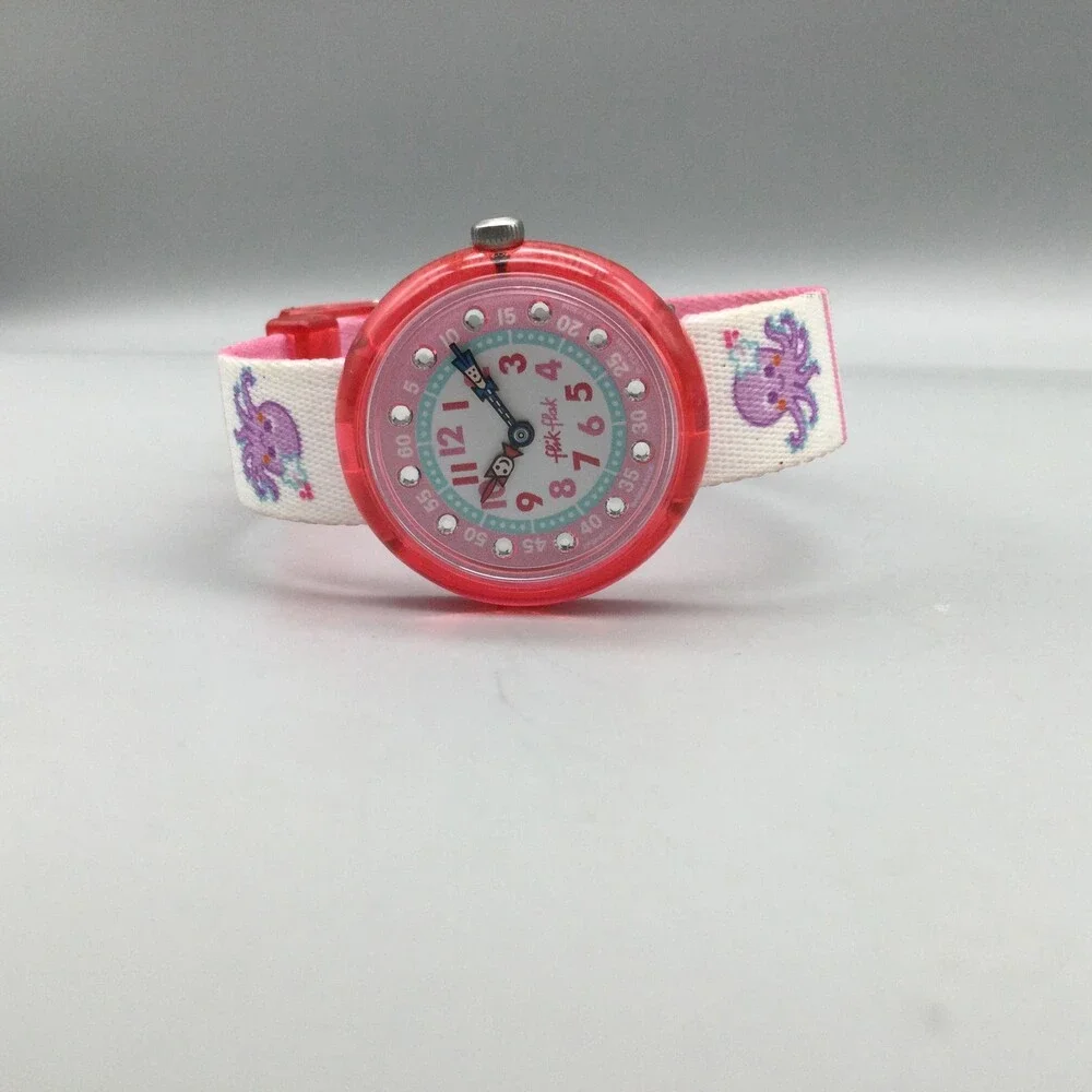 Flik Flak Girls Watch 29mm Pink Dial Octopus Fabric Strap Swiss 1U32 New Battery